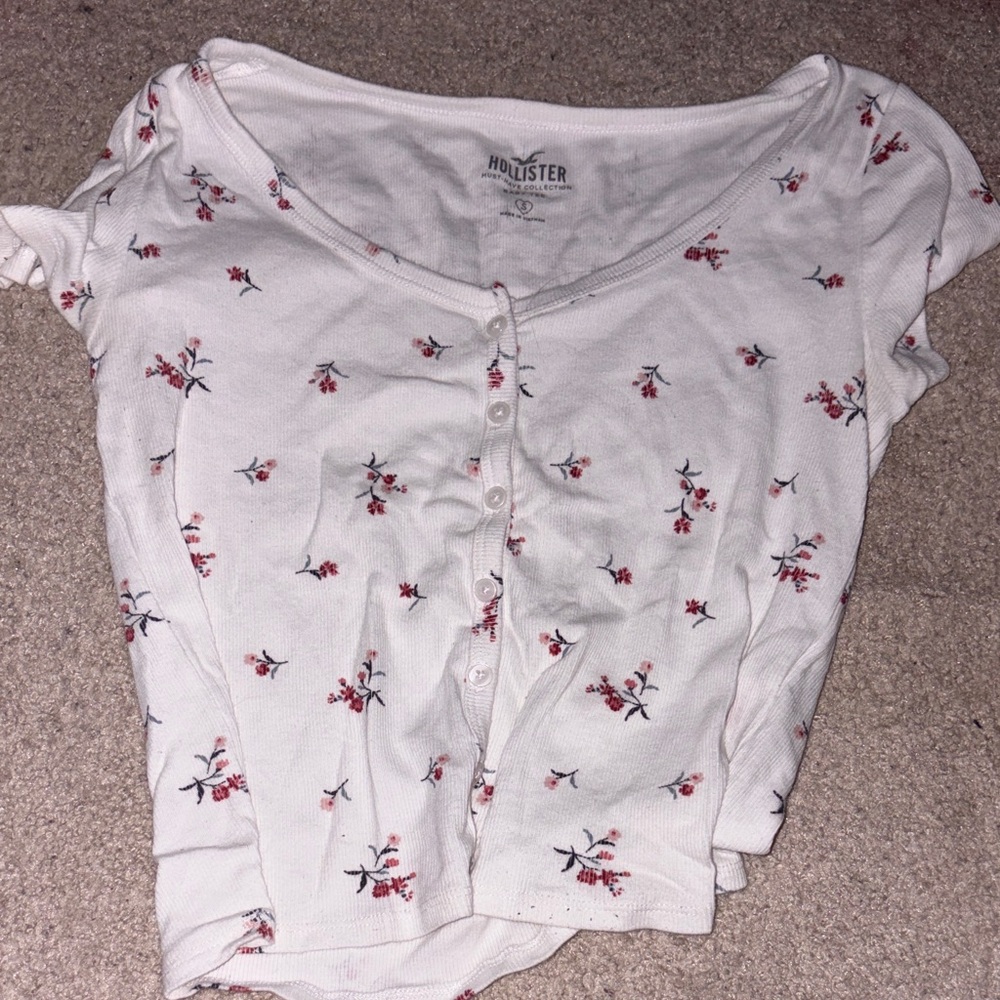 Hollister Cream Top with Red Floral Pattern